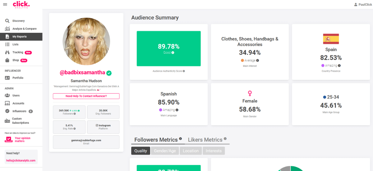 Samantha Hudson's influencer stats on Instagram