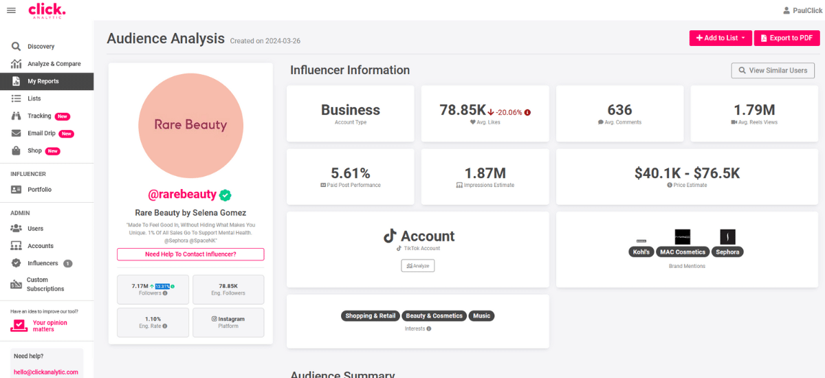A screenshot of an audience analysis dashboard for the social media account 'rare beauty', displaying various metrics such as follower count, engagement rate, and estimated media value.