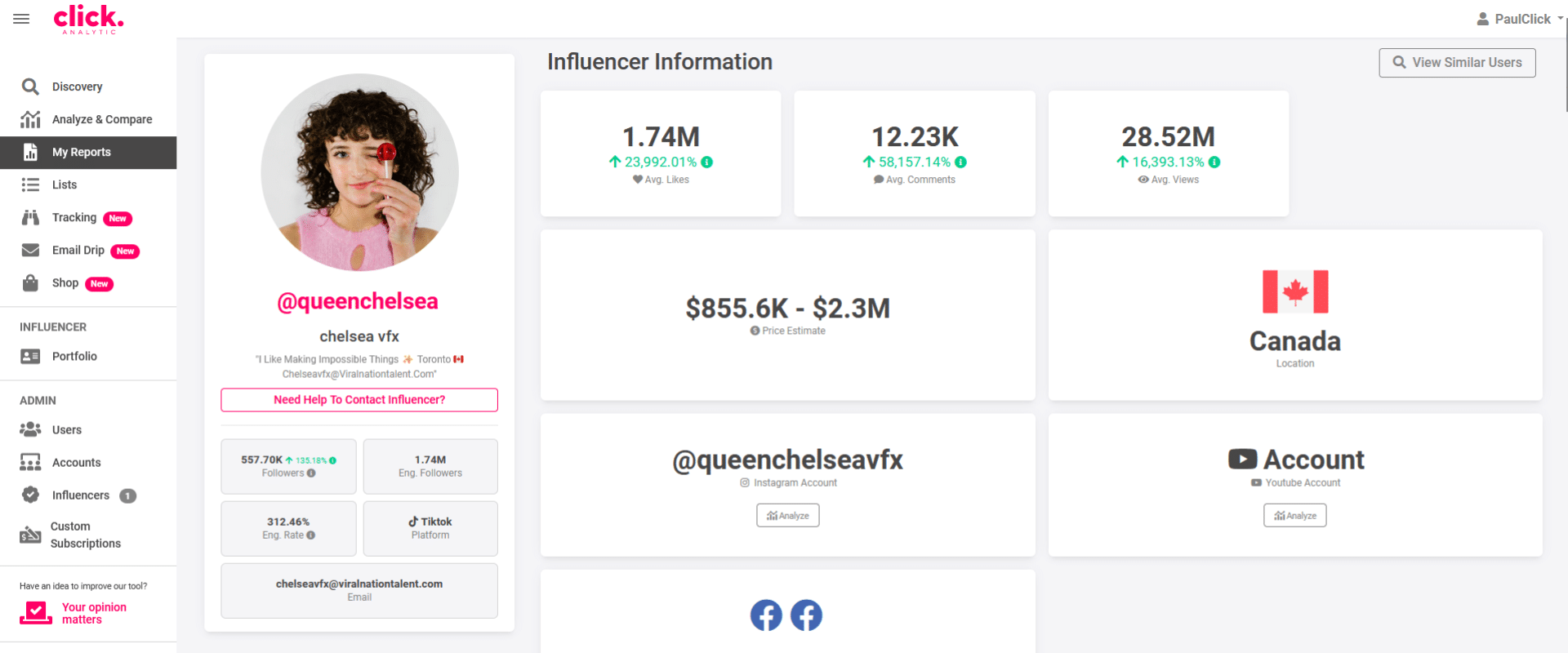A screenshot of an influencer analytics dashboard displaying statistics such as follower count, engagement rate, and estimated earnings, with a focus on a profile from Canada under the username "ChelseaVFX".