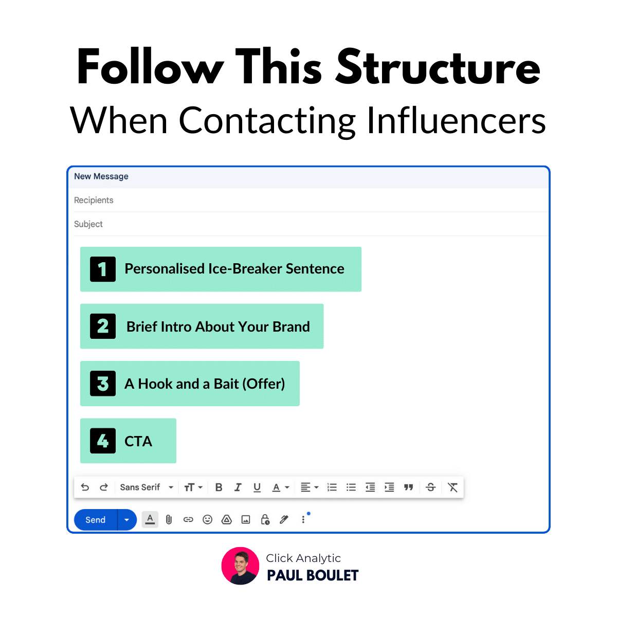Graphic titled "follow this structure when contacting Düsseldorf influencers" with a list of steps: personalized introduction, brief ice-breaker sentence, a hook and a bait (offer), and CTA