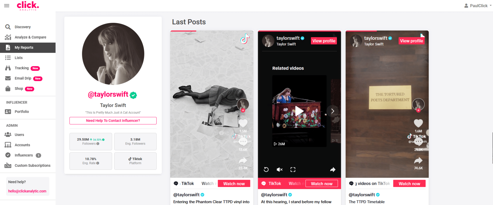 Screenshot of a social media profile page for "taylor swift" with various posts and video thumbnails displayed.