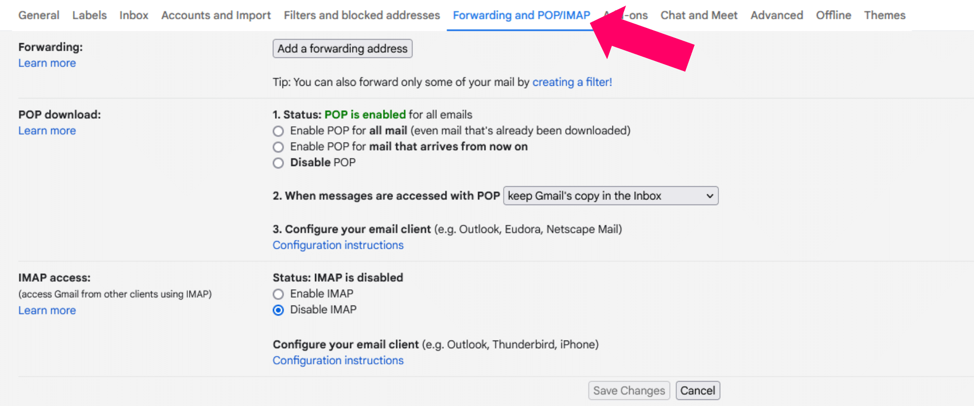 Navigate to Forwarding and POP/IMAP: Click on the 'Forwarding and POP/IMAP' tab.