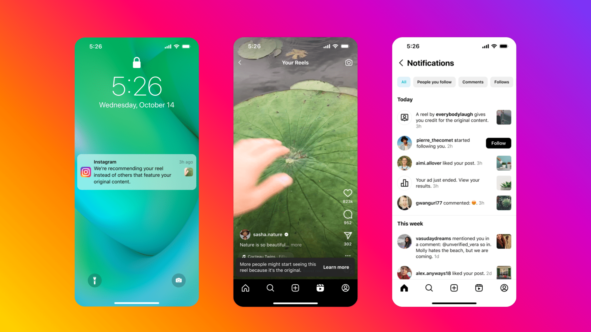 Three smartphone screens displaying different apps: left shows instagram recommendation, middle displays a tiktok nature video, right presents twitter notifications and feed.