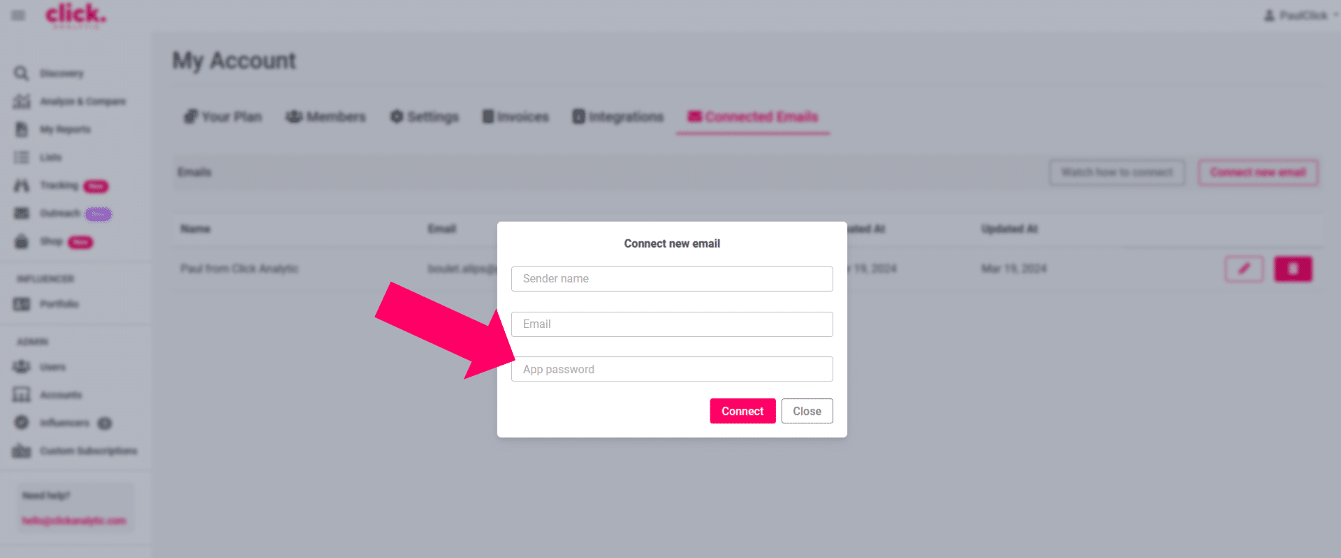 Open Click Settings: Navigate to ’My Account’ in Click and then ‘Connected Emails’.<br />
Create Your Email: Click on ‘Connect New Email’.<br />
Enter Your Details: Provide your name, email address, and the app password you generated.
