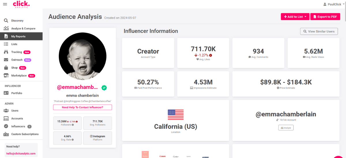 Screenshot of an Instagram analytics platform showing data for influencer @emmachamberlain, including follower count, engagement metrics, and estimated earnings.
