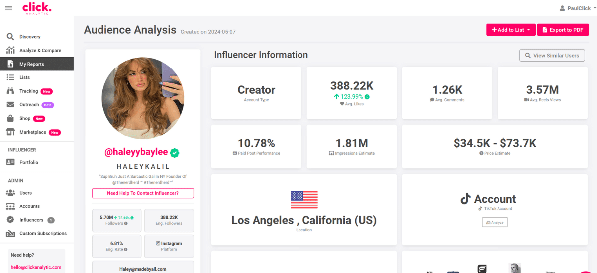 Screenshot of an Instagram analytics platform showing the profile of influencer @haleybailee with stats like follower count and engagement rates.