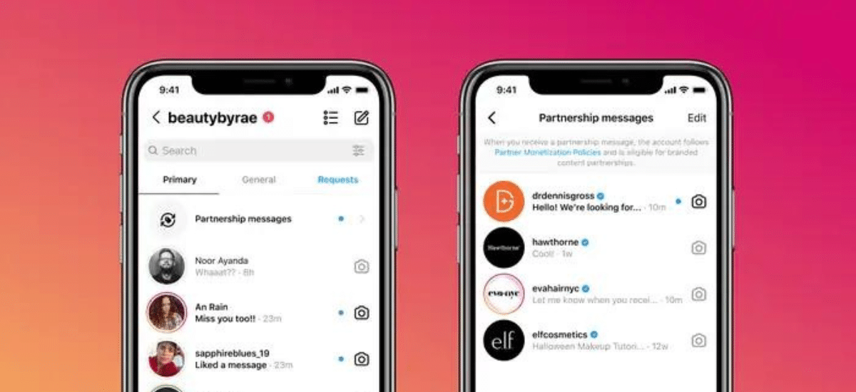 Two smartphones displaying instagram dm interfaces on a pink background, one showing a list of conversations and the other detailed partnership messages.