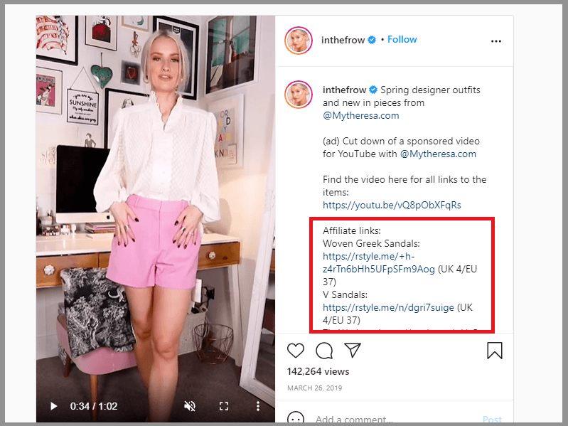 Woman in a white blouse and pink skirt poses indoors. Instagram post with affiliate links highlighted on the right.