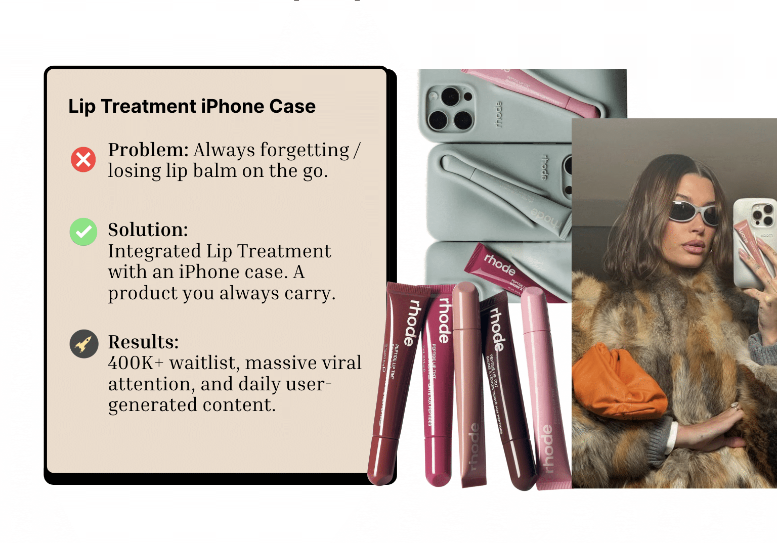 An infographic for a Lip Treatment iPhone Case showing the problem, solution, results, product images, and a woman holding the case to her face.