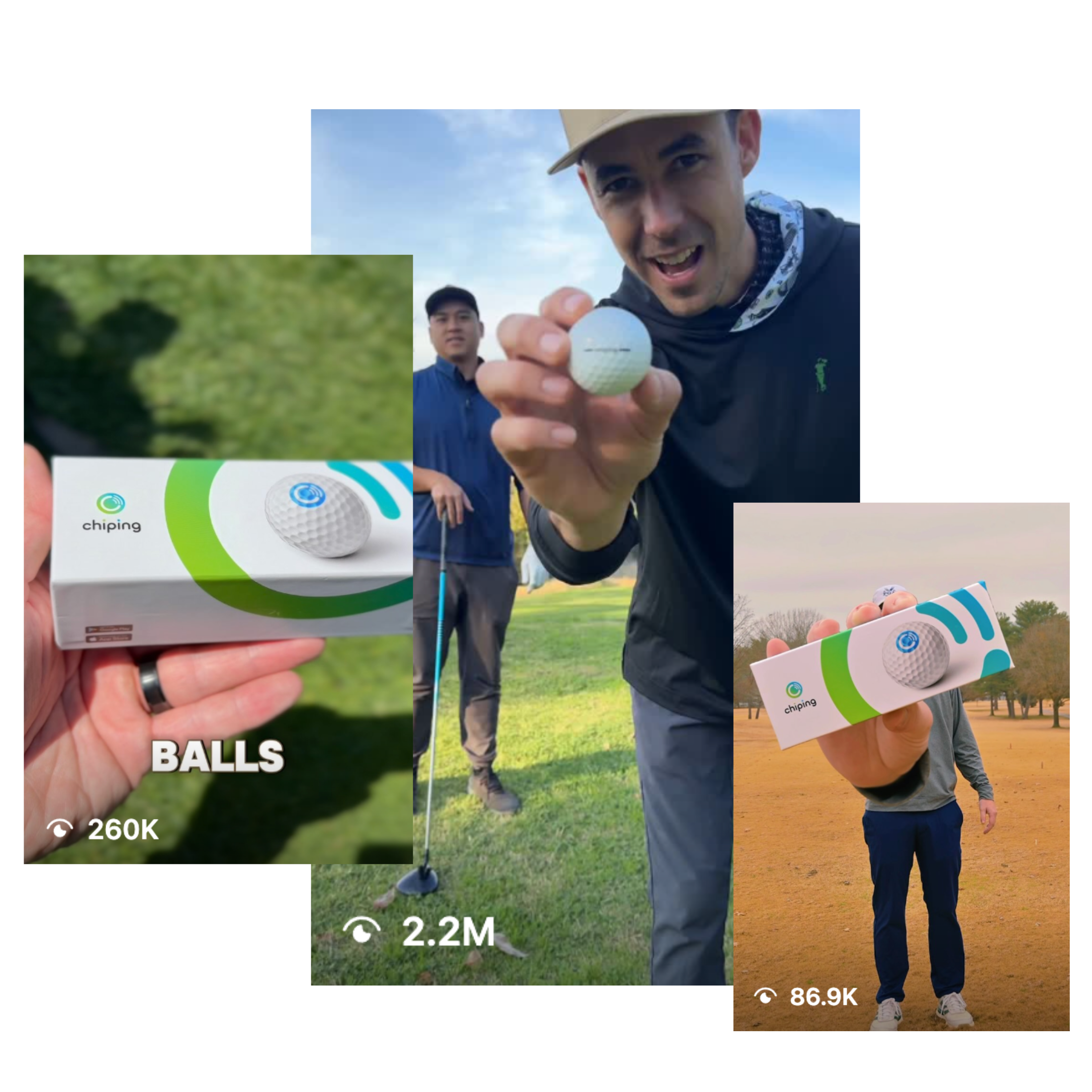 Three men pose and hold a Chipping golf ball and packaging on a golf course, with view counts displayed on each image.