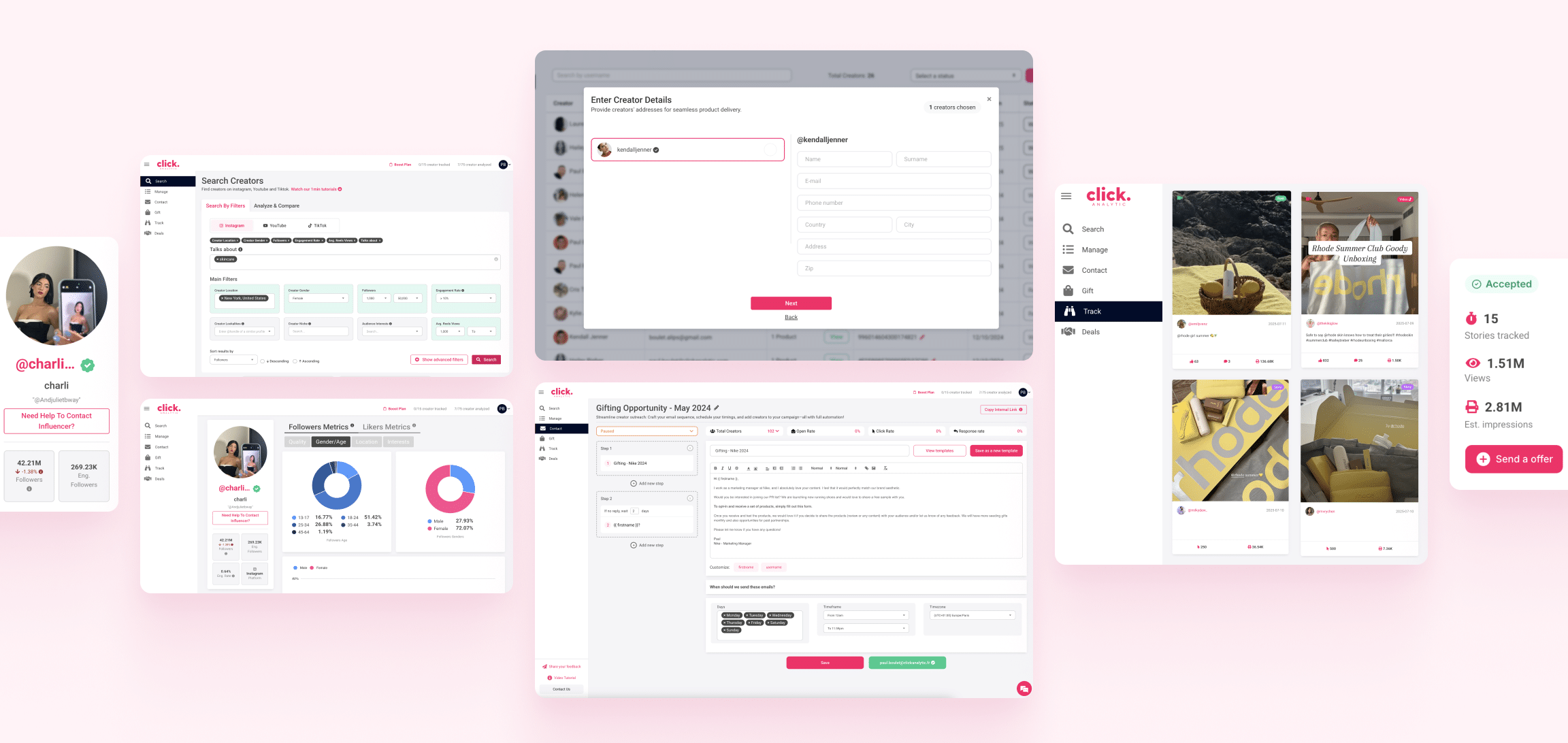 A Collage Of Various Dashboard And Profile Interface Screens From A Social Media Or Influencer Management Platform, Displaying Statistics, Forms, And User Content. A collage of various dashboard and profile interface screens from a social media or influencer management platform, displaying statistics, forms, and user content.