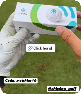 A Gloved Hand Holds A Chipping Golf Ball Box While Another Hand Points At It. Text Includes &Quot;Click Here!&Quot; And Promo Code &Quot;Matthias10&Quot; With Instagram Handle @Chiping_Golf. A gloved hand holds a Chipping golf ball box while another hand points at it. Text includes "Click here!" and promo code "matthias10" with Instagram handle @chiping_golf.