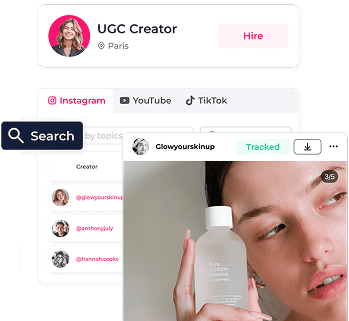 A Woman Holds A Skincare Bottle In Front Of Her Face; Overlayed Are Social Media Platform Icons, A Search Bar, And A Profile With &Quot;Ugc Creator&Quot; And A &Quot;Hire&Quot; Button. A woman holds a skincare bottle in front of her face; overlayed are social media platform icons, a search bar, and a profile with "UGC Creator" and a "Hire" button.