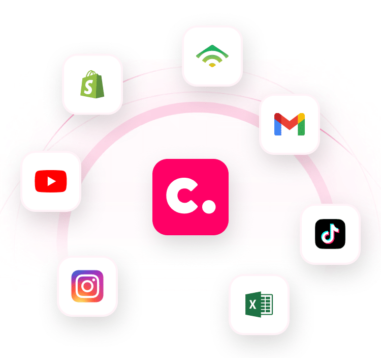 Central Pink Icon With A Dot Surrounded By Icons For Shopify, Klaviyo, Gmail, Tiktok, Excel, Instagram, And Youtube, Connected By Curved Pink Lines. Central pink icon with a dot surrounded by icons for Shopify, Klaviyo, Gmail, TikTok, Excel, Instagram, and YouTube, connected by curved pink lines.