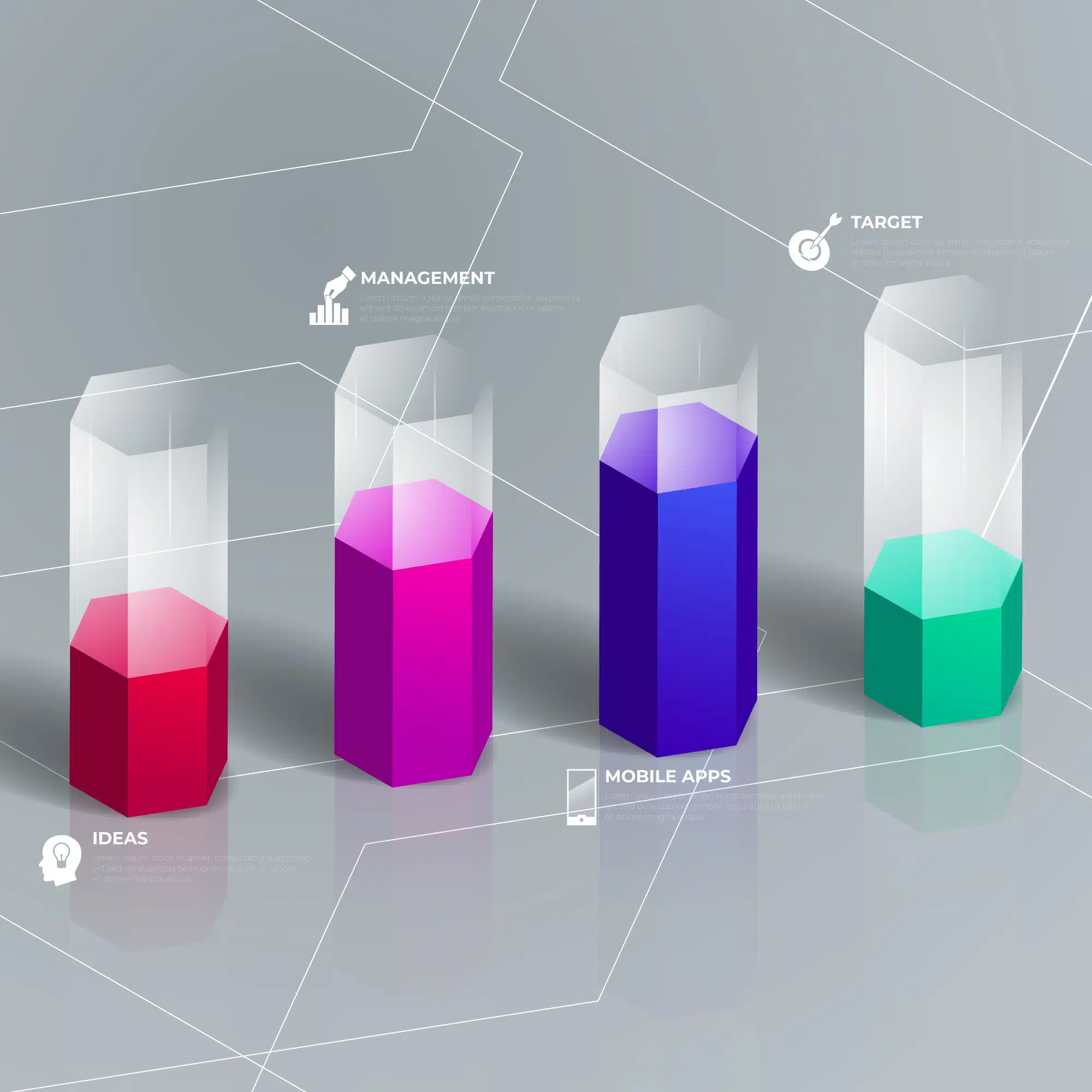 Four transparent hexagonal columns of varying heights and colors, each labeled: Ideas, Management, Mobile Apps, and Target, on a gray geometric background.