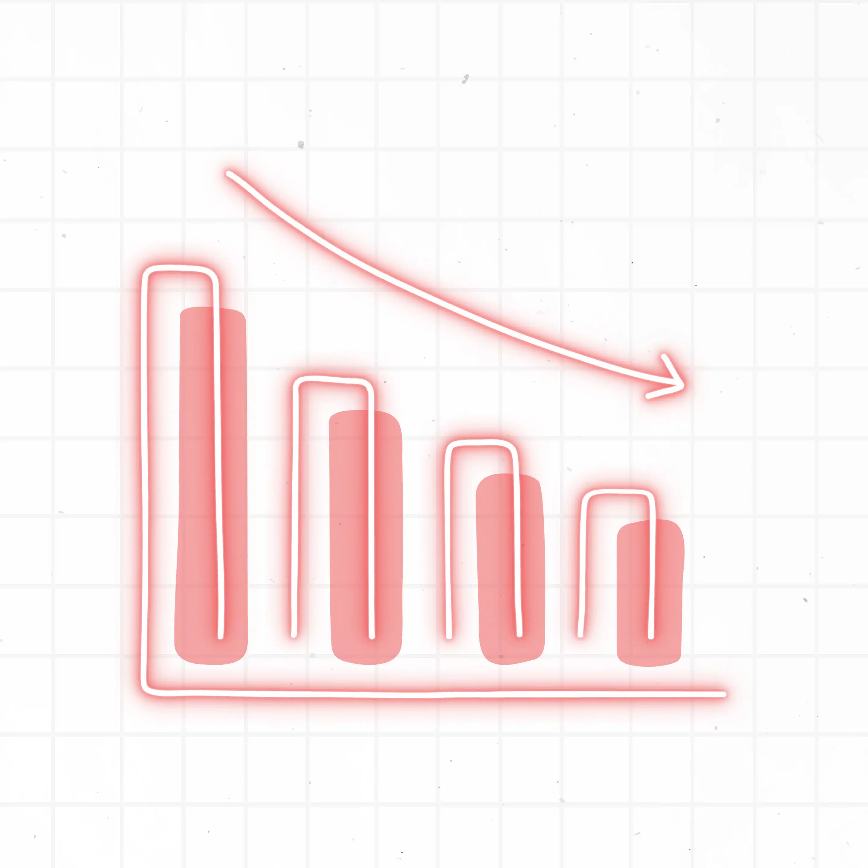 A neon-style bar graph with four descending bars and a downward arrow, indicating a decrease over time, on a white grid background.