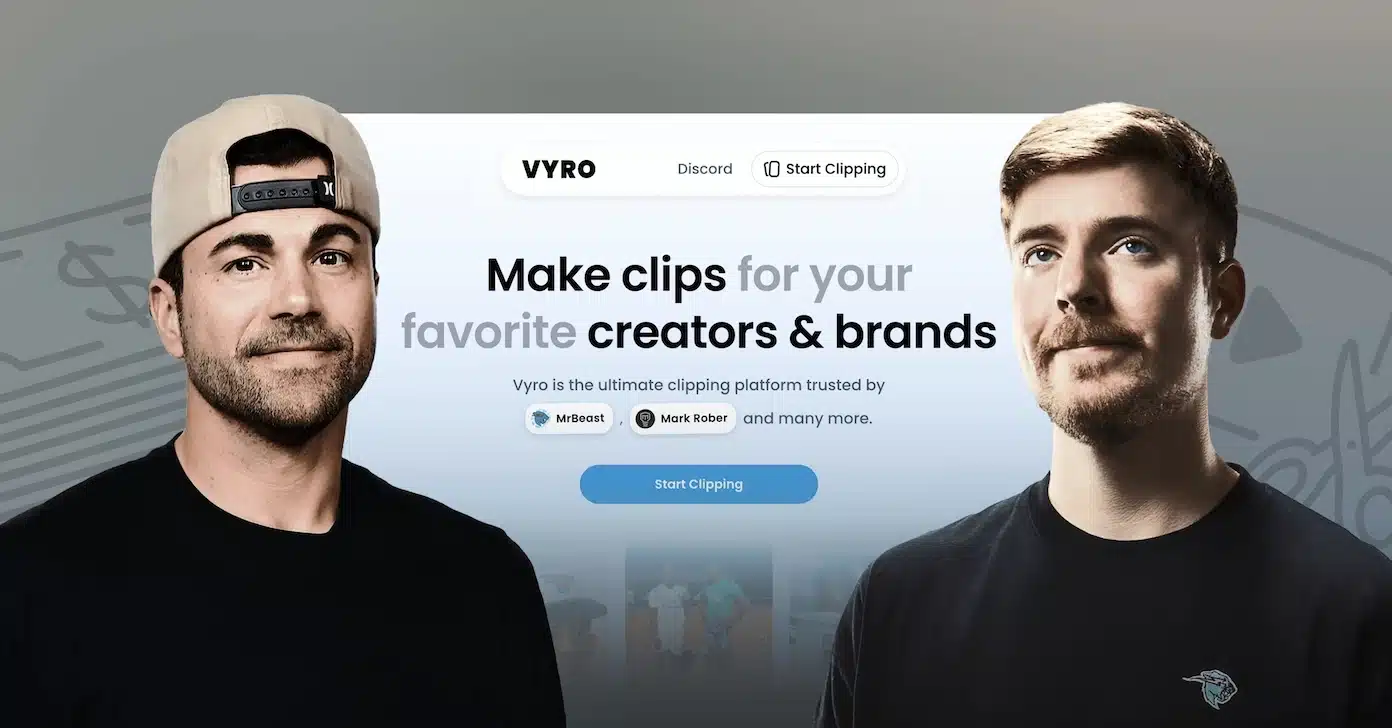 Mrbeast Launches Vyro: 5 Big Things To Know 1 Two men stand in front of the Vyro website interface that empowers creators and brands to make video clips, featuring Vyro's signature buttons for Discord integration and starting clipping.