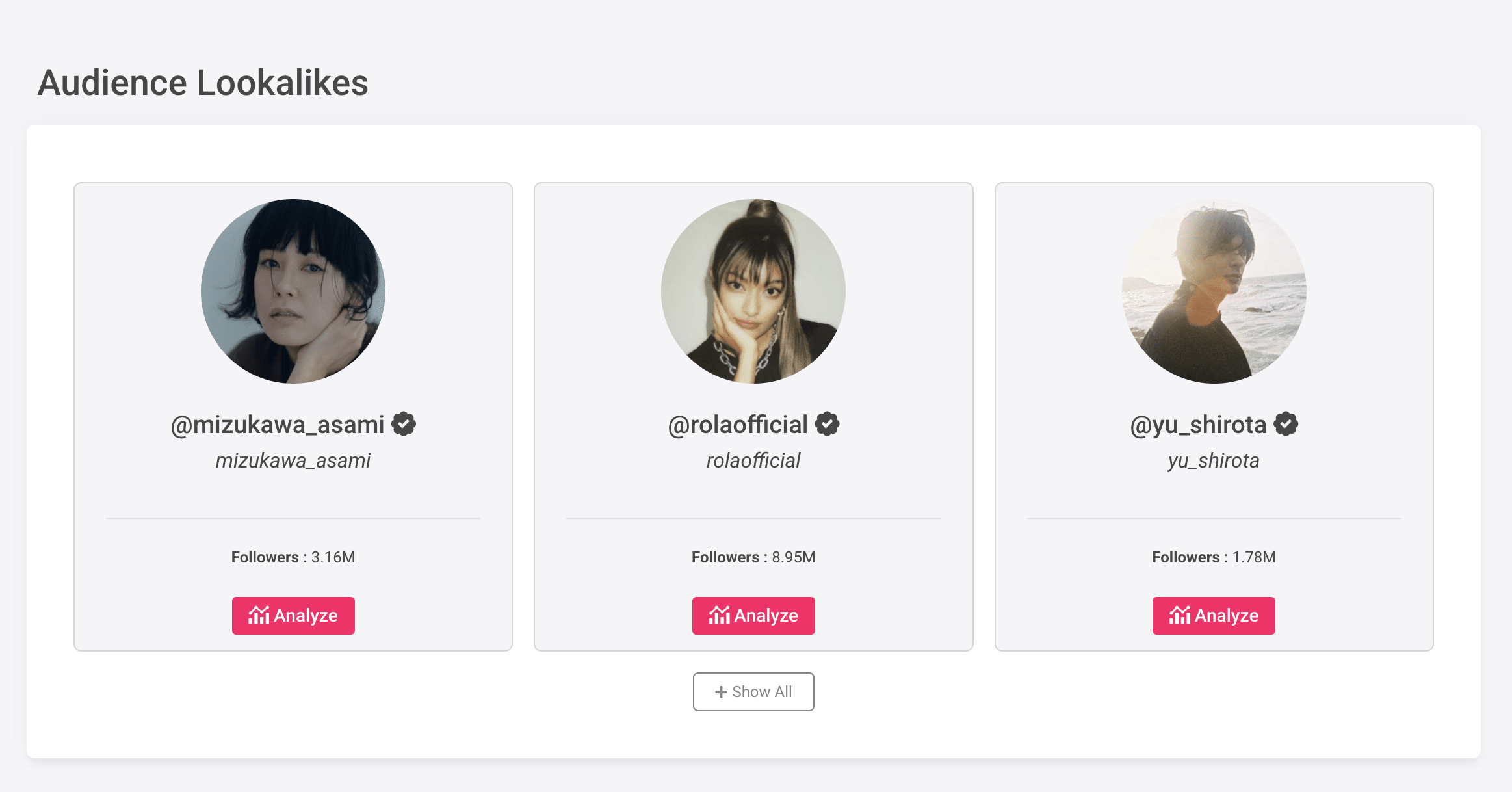 Who Is Mika Ninagawa? 5 Screenshot showing three social media influencer profiles—mizukawa_asami, rolaofficial, and yu_shirota—with follower counts and