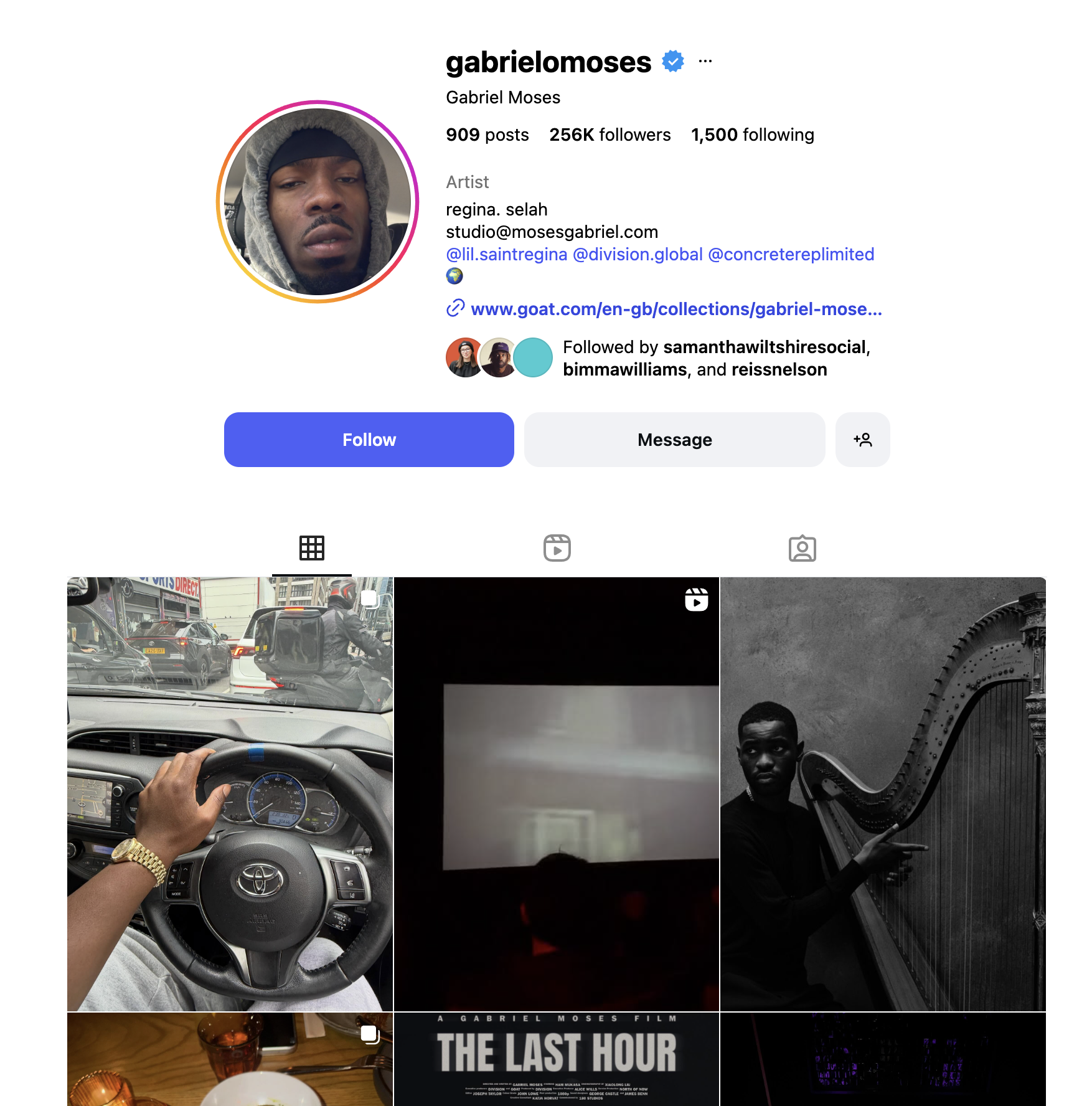 ¿Quién es Gabriel Moisés? 1 Perfil de Instagram de Gabriel Moses, que muestra su foto de perfil, datos biográficos y una cuadrícula de publicaciones fotográficas recientes que incluye el interior de un coche, escenas callejeras y una imagen oscura y abstracta.