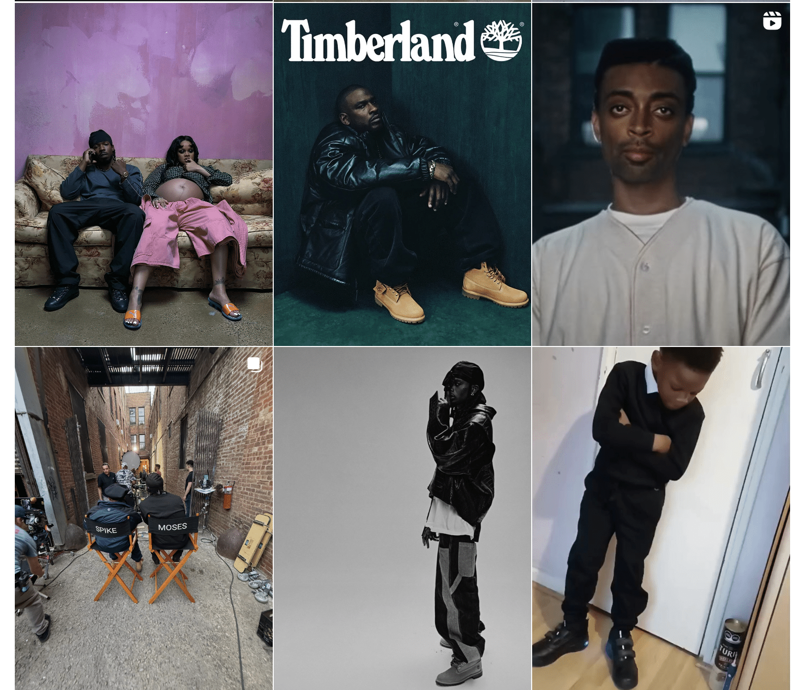 ¿Quién es Gabriel Moisés? 3 Un collage de seis imágenes que incluye personas en un sofá, un anuncio de Timberland, un hombre con camisa blanca, un equipo de rodaje en un callejón, un hombre posando con ropa negra y un niño de pie con los brazos cruzados.