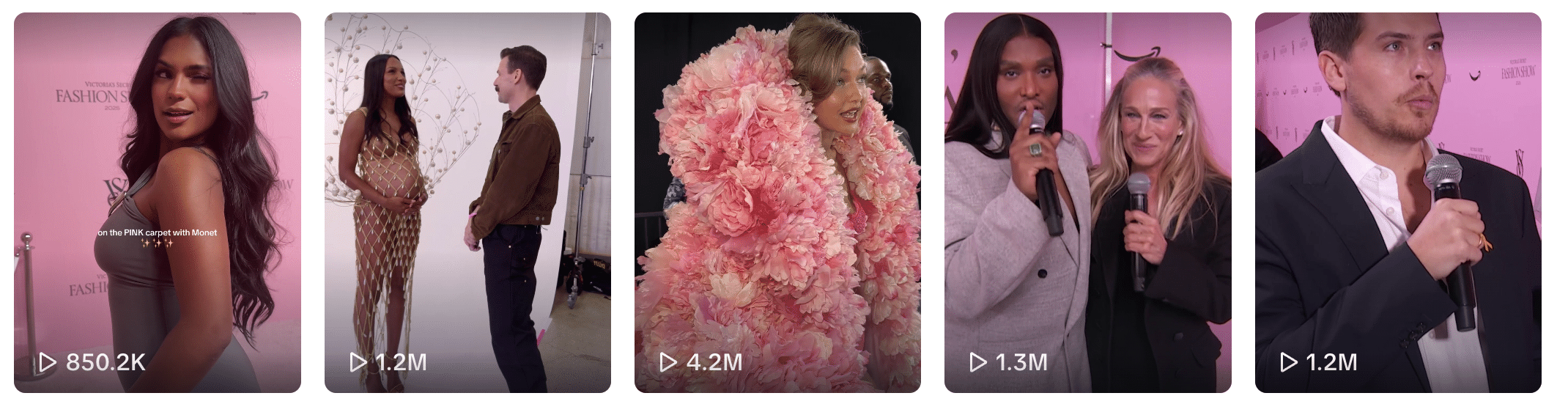 Victoria Secret 2025: The Comeback 5 Five video thumbnails show people at a fashion event, including individuals posing, interacting, and speaking on stage, with view counts ranging from 850.2K to 4.2M.