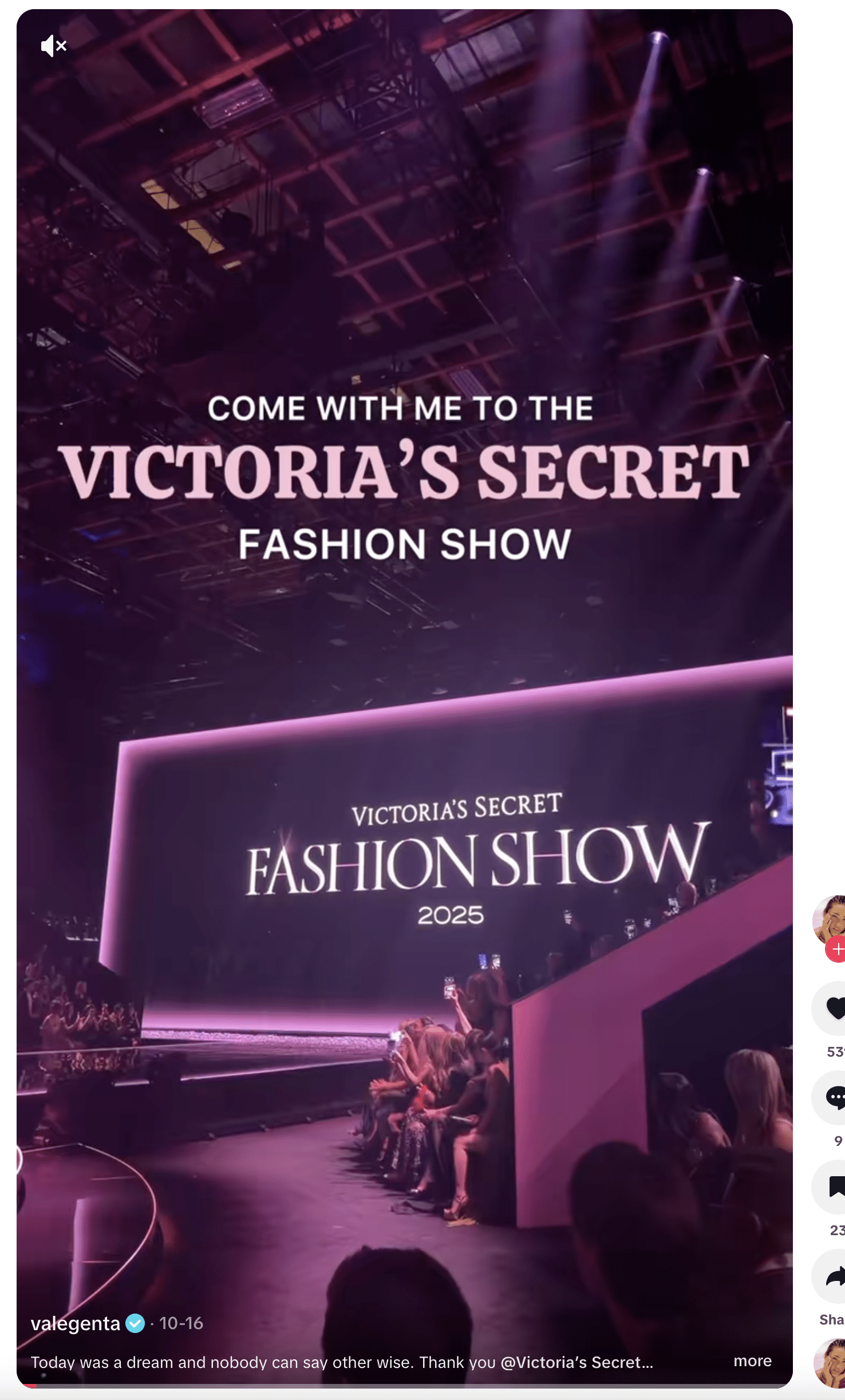 Victoria Secret 2025: The Comeback 4 A large audience watches the Victoria's Secret Fashion Show 2025 on stage, with bright pink lighting and the event name displayed prominently on a big screen.
