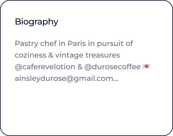 Text biography stating: "Pastry chef in Paris in pursuit of coziness & vintage treasures" with Instagram handles and an email address listed.