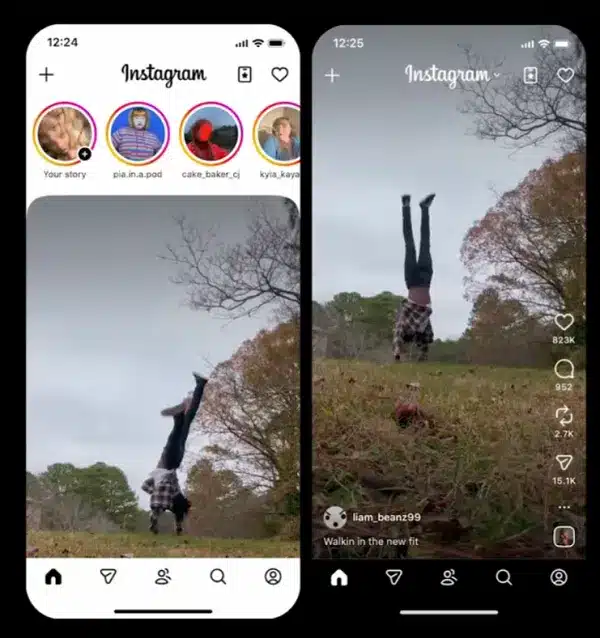 Instagram New Ui Explained: Why Your Reels &Amp; Dms Look Different Now 1 A person performs a handstand on grass in an outdoor setting, shown in two different views of an Instagram post.