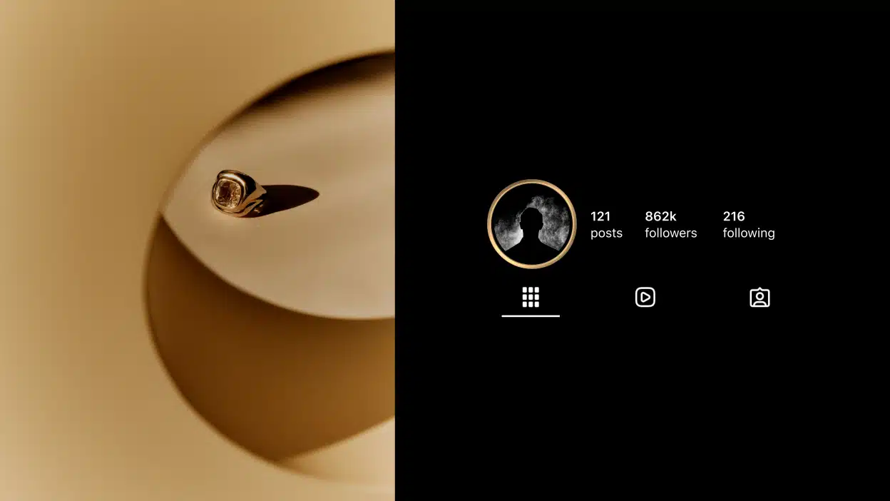 A gold ring on a beige surface is shown on the left; on the right is a minimal black profile showing 121 posts, 862k followers, and 216 following.
