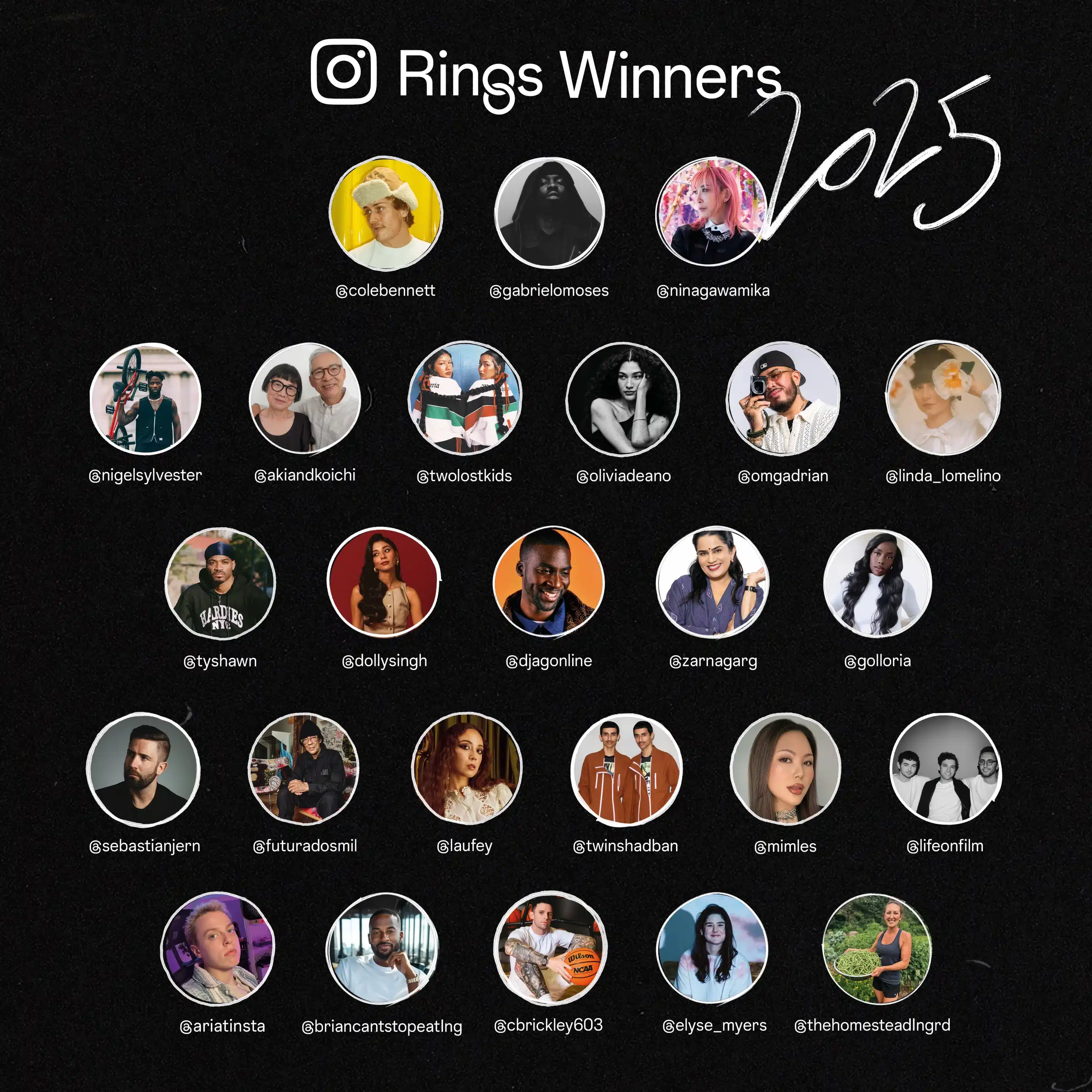 Grid of 25 Instagram ring winners for 2025, each showcased with a profile photo and handle, arranged in neat rows on a dark background, with “Rings Winners 2025” displayed at the top.