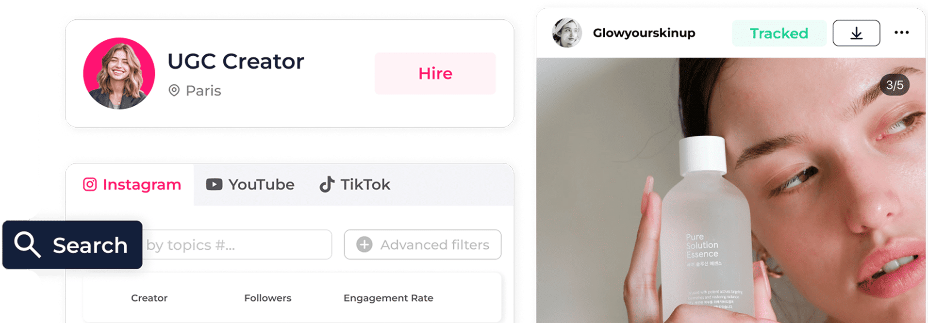 A Profile For A Ugc Creator In Paris Is Shown Alongside A Close-Up Of A Person Holding A Skincare Bottle Labeled &Quot;Pure Solution Essence.&Quot; Social Media Platforms Are Visible On The Interface. A profile for a UGC creator in Paris is shown alongside a close-up of a person holding a skincare bottle labeled "Pure Solution Essence." Social media platforms are visible on the interface.