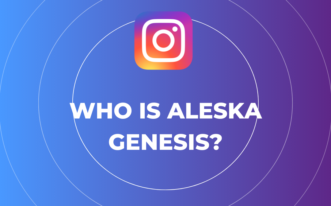 Instagram logo above the text "Who is Aleska Genesis?" on a blue and purple gradient background with concentric circles, featuring a subtle nod to Brianna Paige Arsement.
