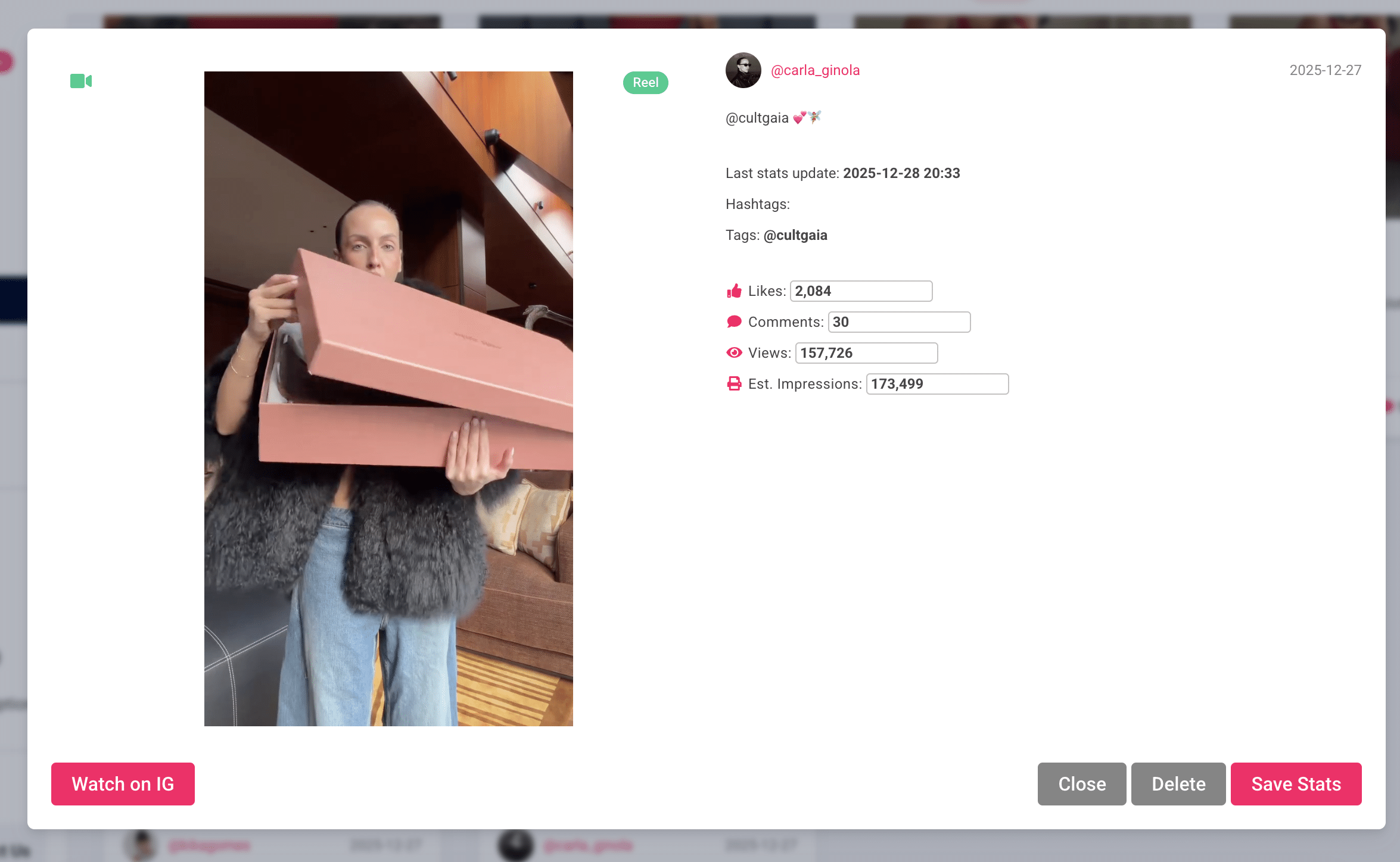 Reach Vs Impressions: What’s The Difference (And Why It Matters) 6 Image of a reel on instagram showing an influencer standing indoors holding two large pink rectangular boxes; social media stats and interactions displayed on the right side of the image, including reach vs. impressions