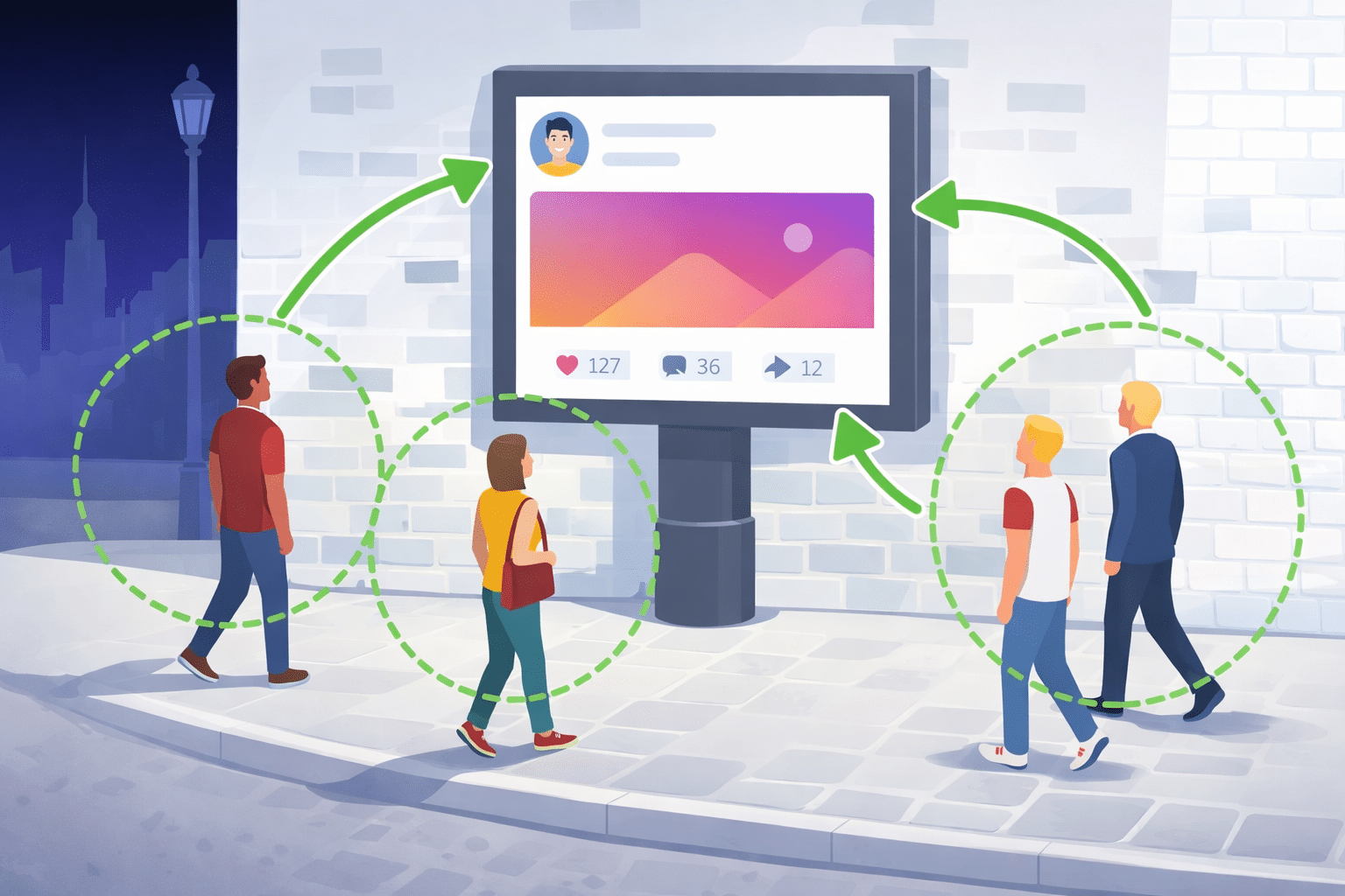 Reach Vs Impressions: What’s The Difference (And Why It Matters) 2 Four people walk by a digital billboard displaying a social media post, with arrows showing engagement through likes, comments, and reactions.