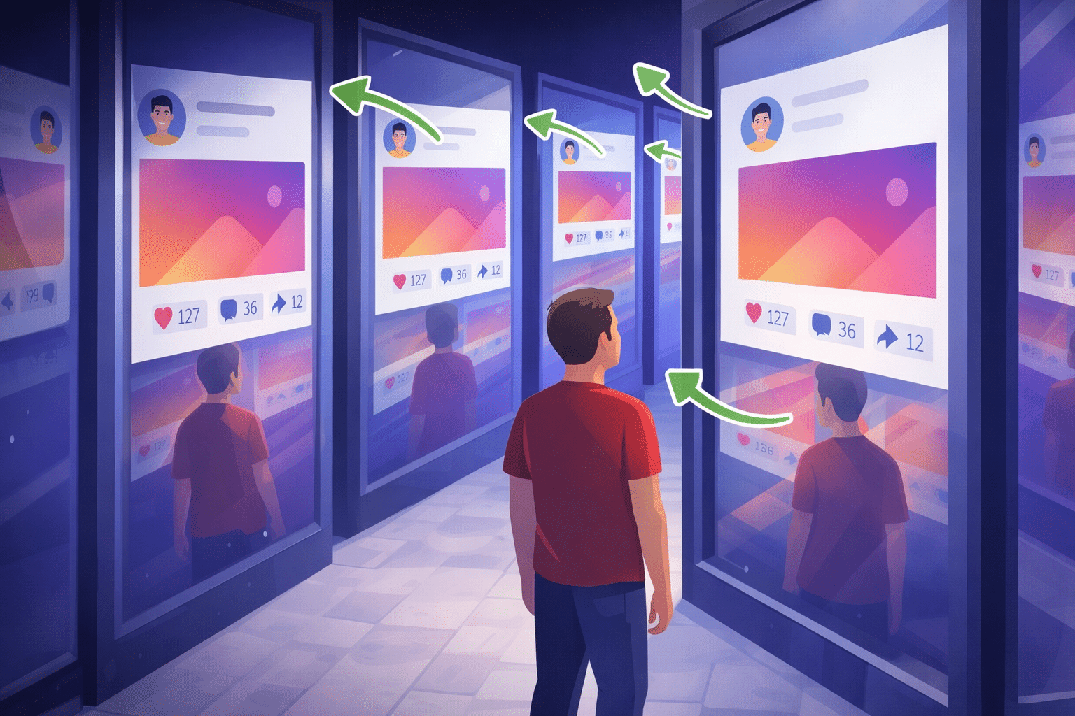 Reach Vs Impressions: What’s The Difference (And Why It Matters) 3 A person stands surrounded by large digital screens displaying identical social media posts with arrows pointing between them, suggesting repetition or self-reflection online.