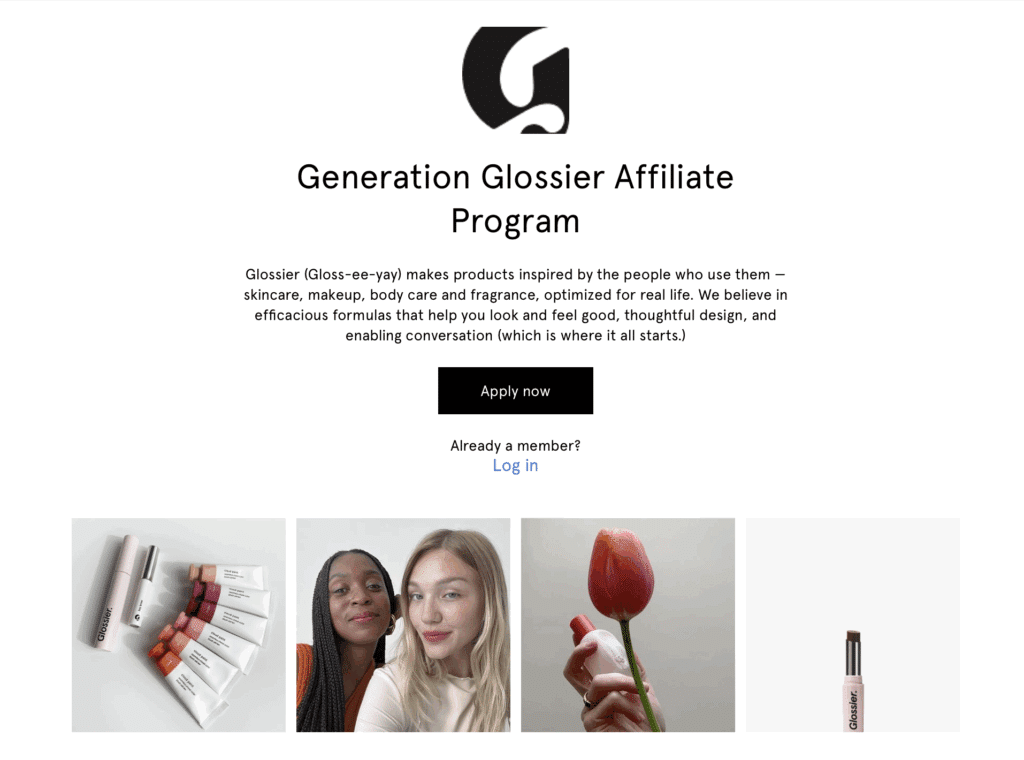 What Is Brand Advocacy? (7 Top Brand Programs Explained) 21 Glossier affiliate program page with logo, description, "Apply now" button, and three images: product display, two women smiling in brand advocacy, and a hand holding a tulip with lipstick.