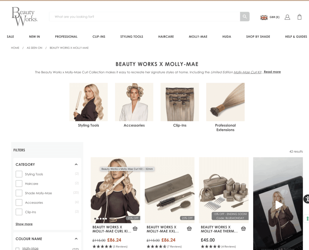 Who Is Molly Mae? How She Built A £Multi-Million Brand Empire In 2026 12 Screenshot of a Beauty Works website page featuring the Molly-Mae collection, inspired by the Love Island influencer, with product categories, filters, and images of hair styling tools, accessories, and clip-in extensions.