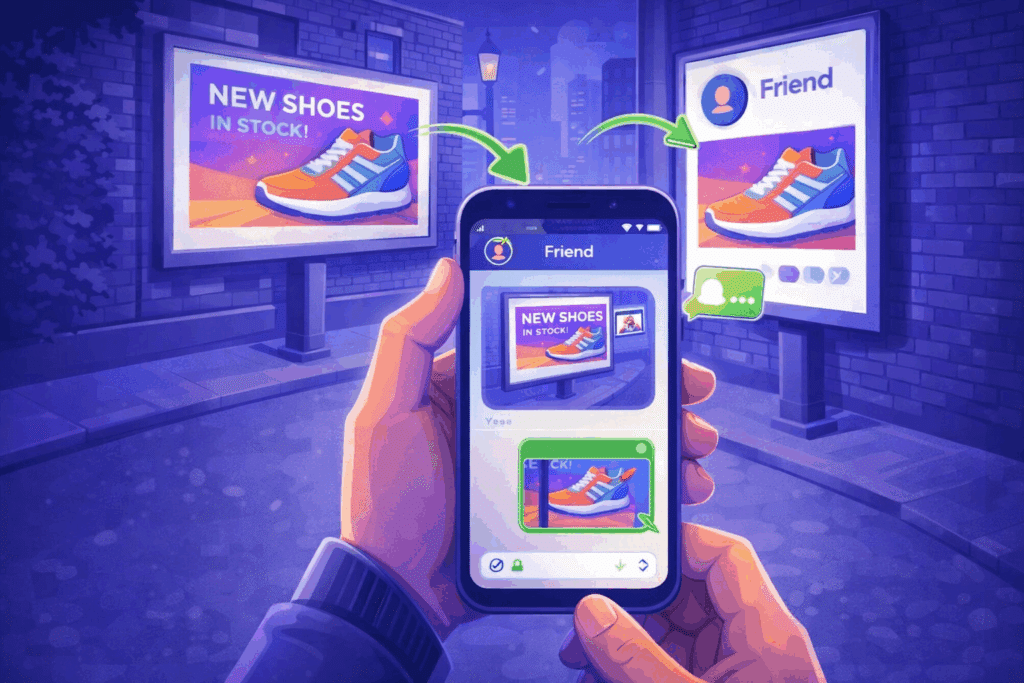 What Is Brand Advocacy? (7 Top Brand Programs Explained) 14 Illustration of hands holding a smartphone, taking a photo of a shoe advertisement on a billboard and sharing it via a messaging app—capturing the essence of brand advocacy; another billboard appears in the background.