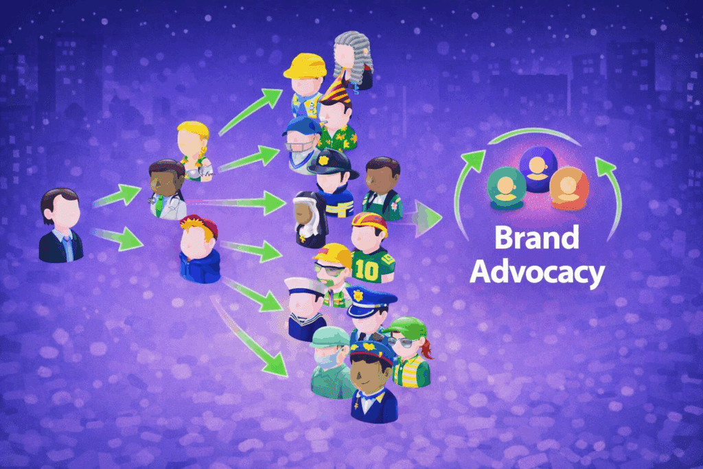 What Is Brand Advocacy? (7 Top Brand Programs Explained) 15 Illustration of a person inspiring brand advocacy across various groups, leading to the creation of brand advocates, depicted with green arrows and labeled "Brand Advocacy" on a purple background.