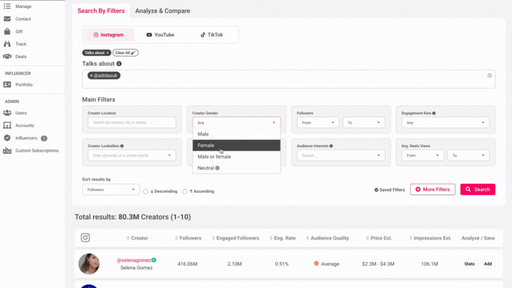 Why Adidas Chose Molly-Mae (And Why This Partnership Feels So Obvious) 3 A dashboard displays Instagram influencer search results filtered by gender, audience, and engagement rate, showing a list of creators with details and profile images, including notable partnerships like Molly-Mae’s collaboration with Adidas.