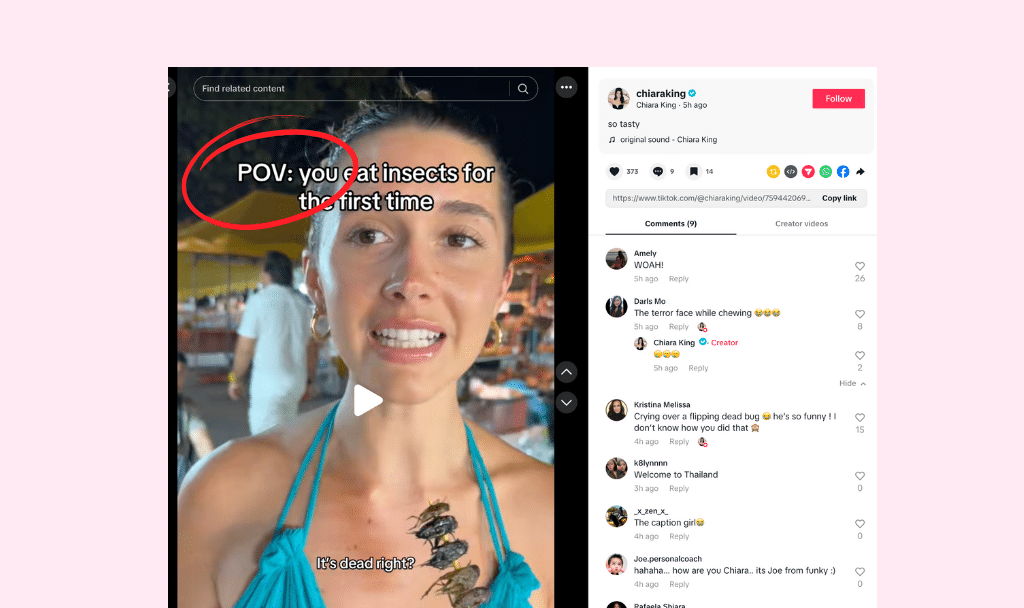 199+ Social Media Acronyms Explained: From Dms To Tiktok (2026) 2 A woman stands in a market with cooked insects on her top, with text that reads, "POV: you ate insects for the first time." Social media acronyms and TikTok-style comments are visible on the right.