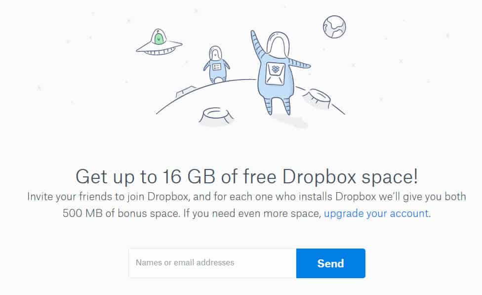 What Is Brand Advocacy? (7 Top Brand Programs Explained) 19 Illustration of astronauts on the moon with a UFO above, promoting up to 16 GB free Dropbox space for inviting friends—encouraging brand advocacy through a form to enter names or email addresses.