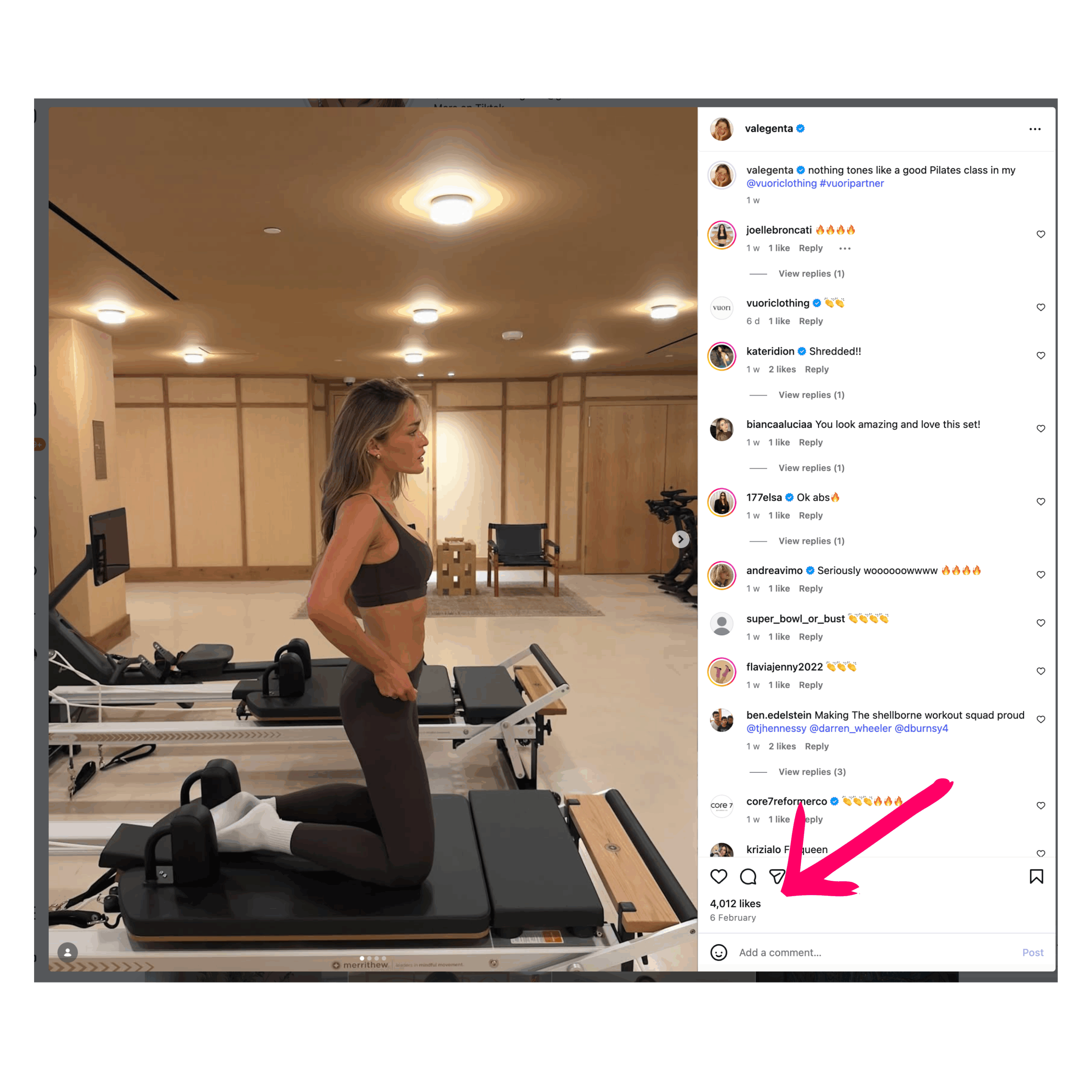 Social Media Kpis: 60+ Key Metrics On Your Campaigns (2026 Update) 7 A woman in athletic wear stands on a Pilates reformer machine in a gym, preparing to exercise—perfect content for tracking Social Media KPIs like engagement and reach.