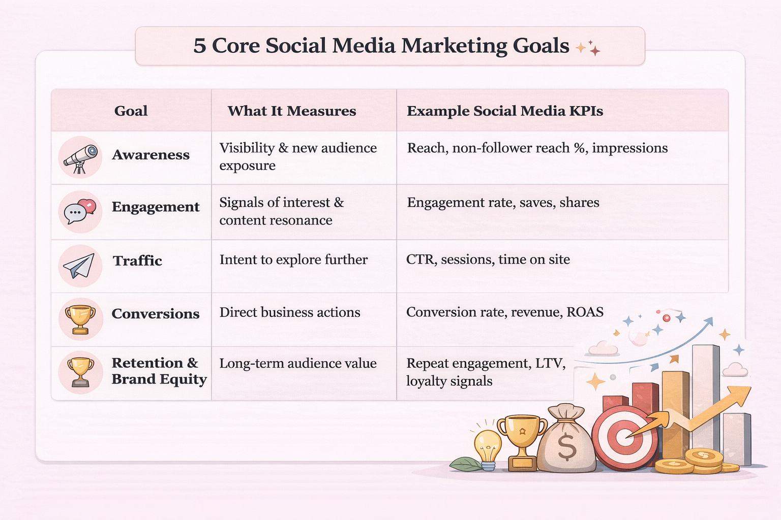 Social Media Kpis: 60+ Key Metrics On Your Campaigns (2026 Update) 5 Table outlining 5 core social media marketing goals, what each measures, and example Social Media KPIs, with trophy and bullseye illustrations at the bottom right.