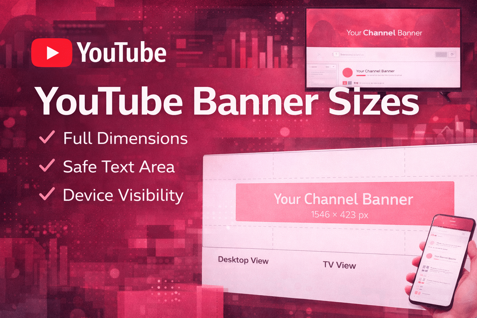 Youtube Video Size - Guide (2026) 1 YouTube banner size guide showing full dimensions, safe text area, youtube video size tips, and device visibility for desktop, TV, and mobile views.