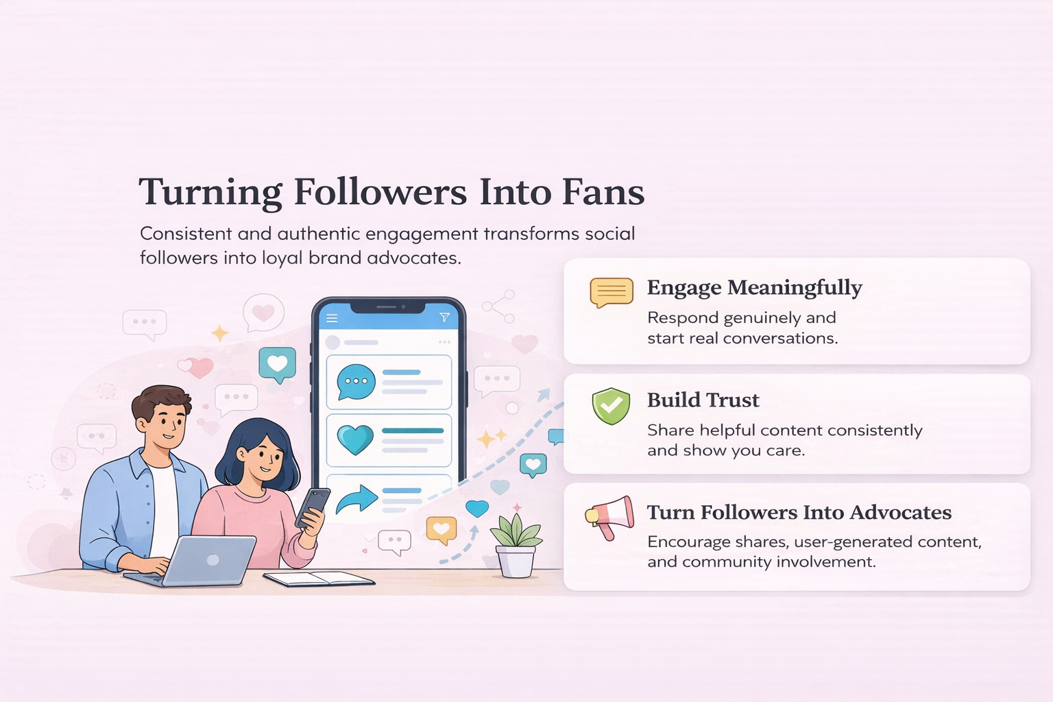 Social Media Kpis: 60+ Key Metrics On Your Campaigns (2026 Update) 11 Illustration of two people using digital devices beside a large smartphone, with tips on engaging followers, building trust, tracking Social Media KPIs, and turning them into brand advocates.