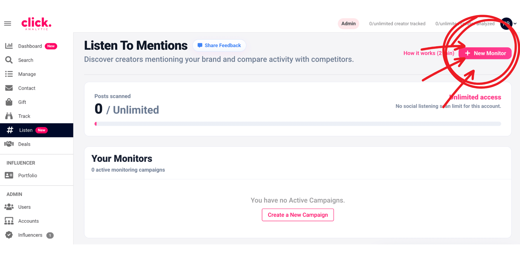 Social Listening Is Now Live: Track Every Brand Mention On Instagram &Amp; Tiktok 1 Screenshot of a social listening dashboard on click.analytics showing a "Listen To Mentions" page for Social Listening, with a highlighted "New Monitor" button in the top right corner. No Brand Mention monitors are currently active.