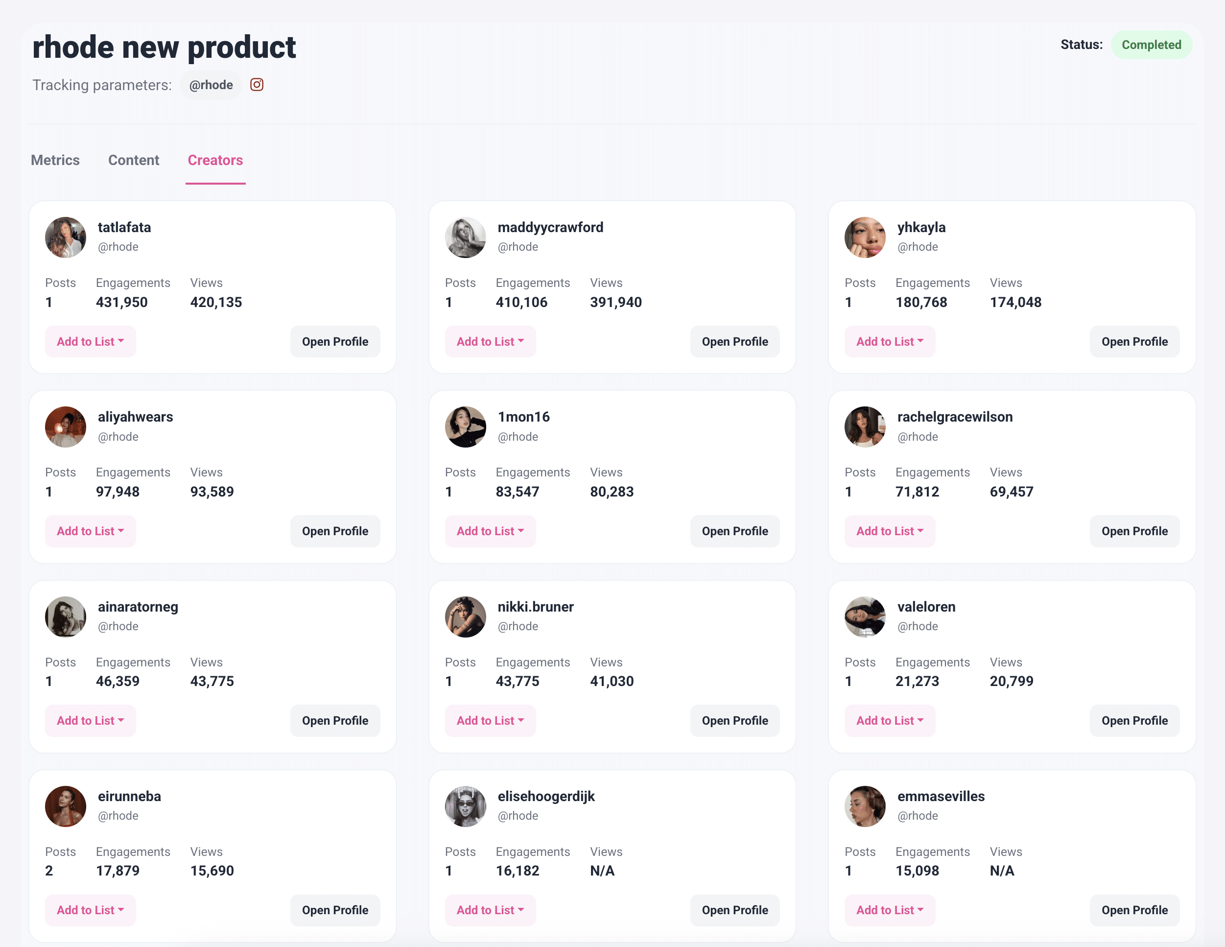 Social Listening Is Now Live: Track Every Brand Mention On Instagram &Amp; Tiktok 4 A dashboard displays profile cards for various creators, each showing profile name, posts, engagements, views, and buttons for adding to a list or opening the profile, perfect for social listening and monitoring creator activity.