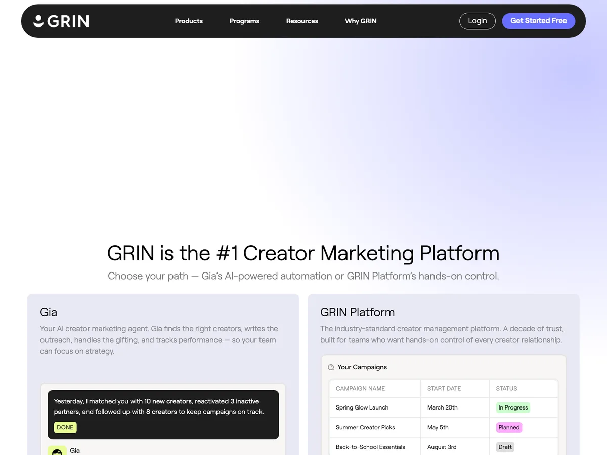Modash Alternatives: 11 Top Competitors Compared (2026 Update) 5 GRIN influencer marketing platform homepage