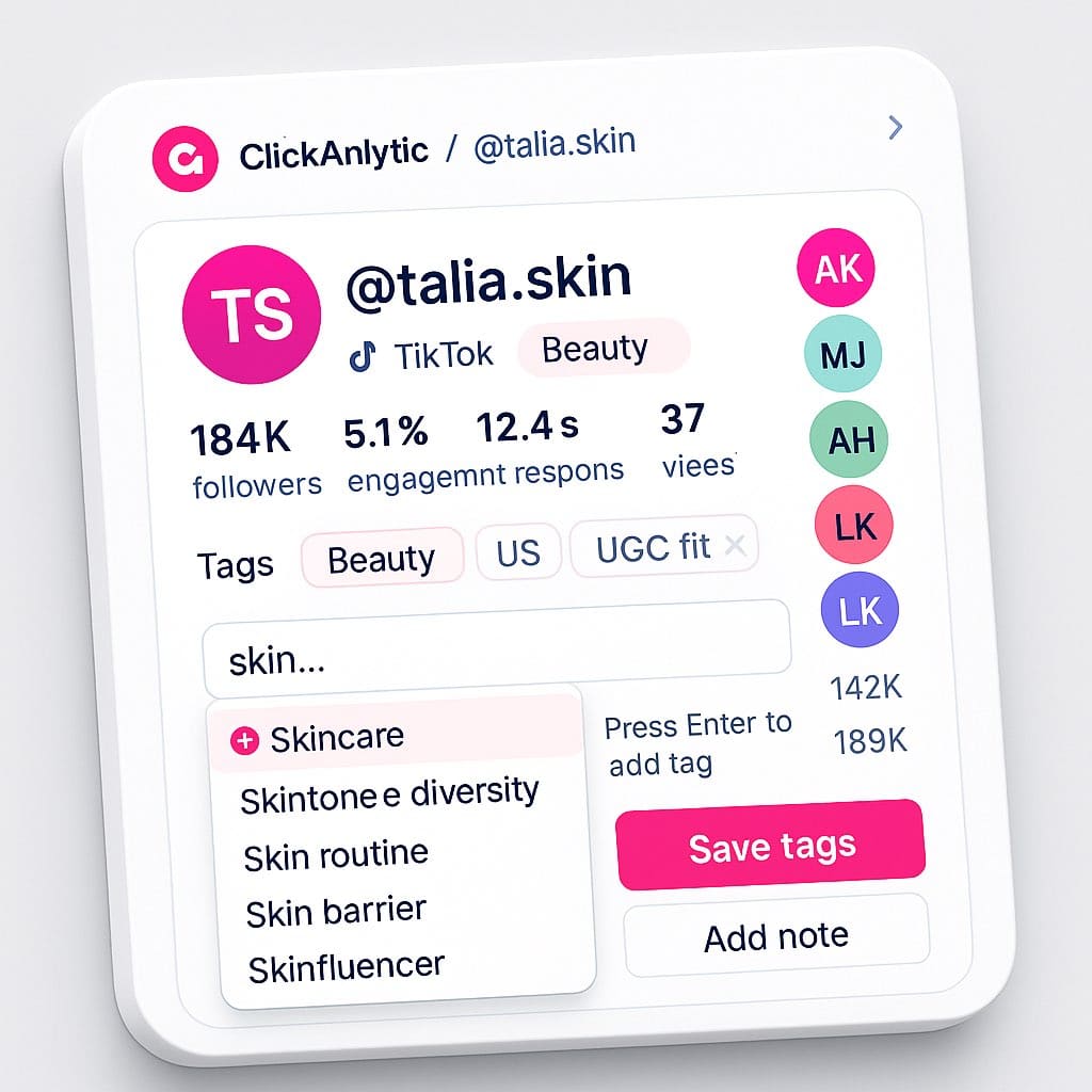 Influencer CRM tag taxonomy with autocomplete for beauty, affiliate-ready, UGC fit, and past collaboration